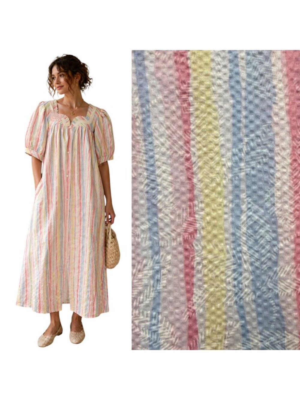 VTG Cottagecore Maxi Dress Seersucker Pastel Stripe Puff Sleeve Size L NWT